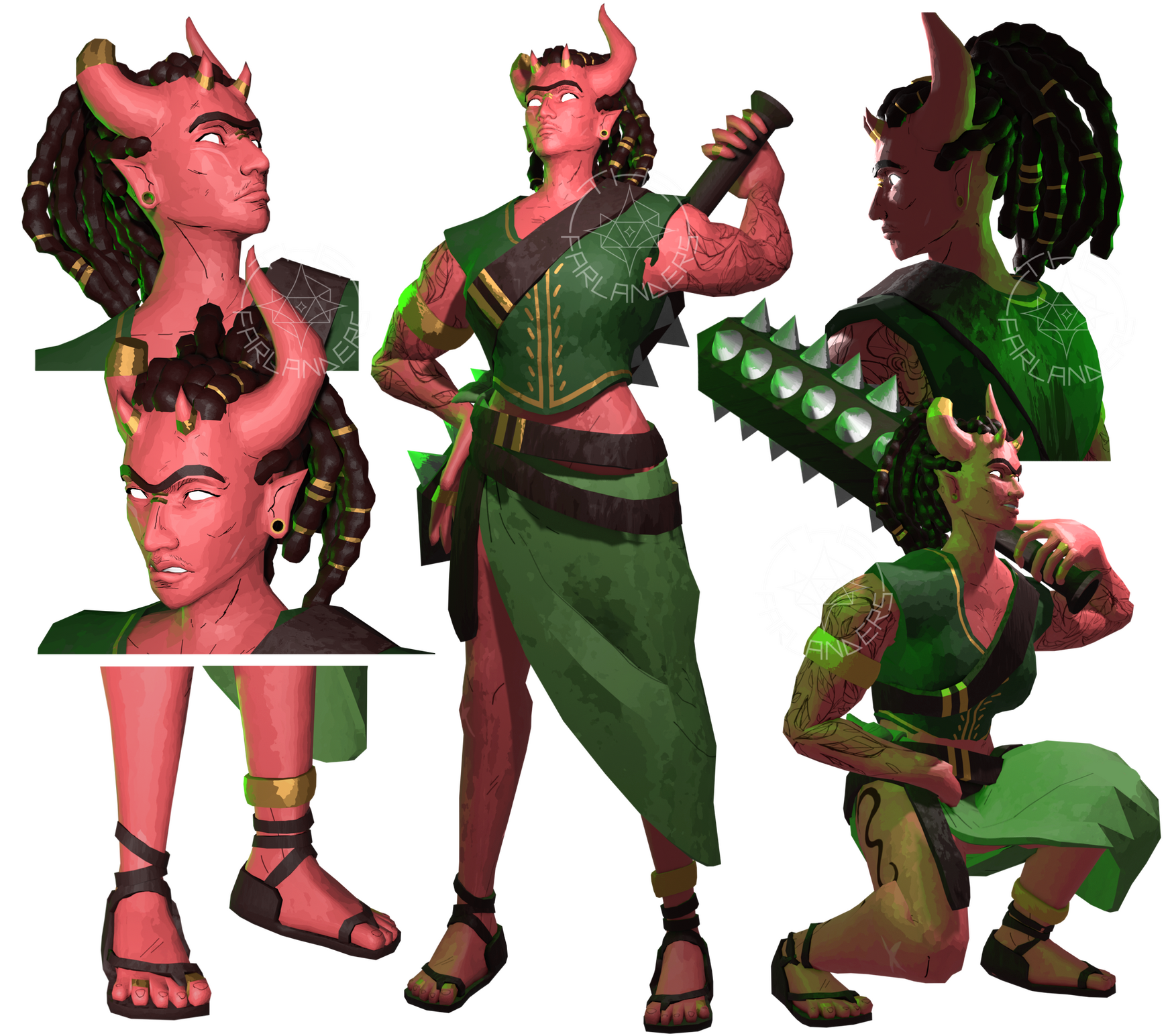 Image is of a muscular demon woman, with solid black eyes and dark green clothing and sleeve tattoos of leaves. Clicking this image takes you to Una's page.