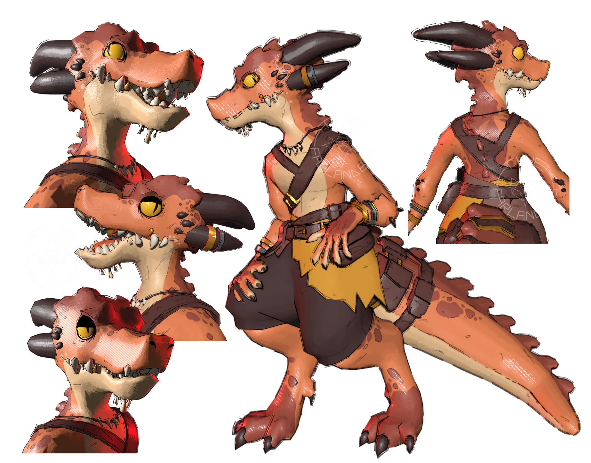 Image is of an orange and brown Kobold, wearing lots of leather belts with bright yellow eyes. Clicking this image takes you to Barkley's page.