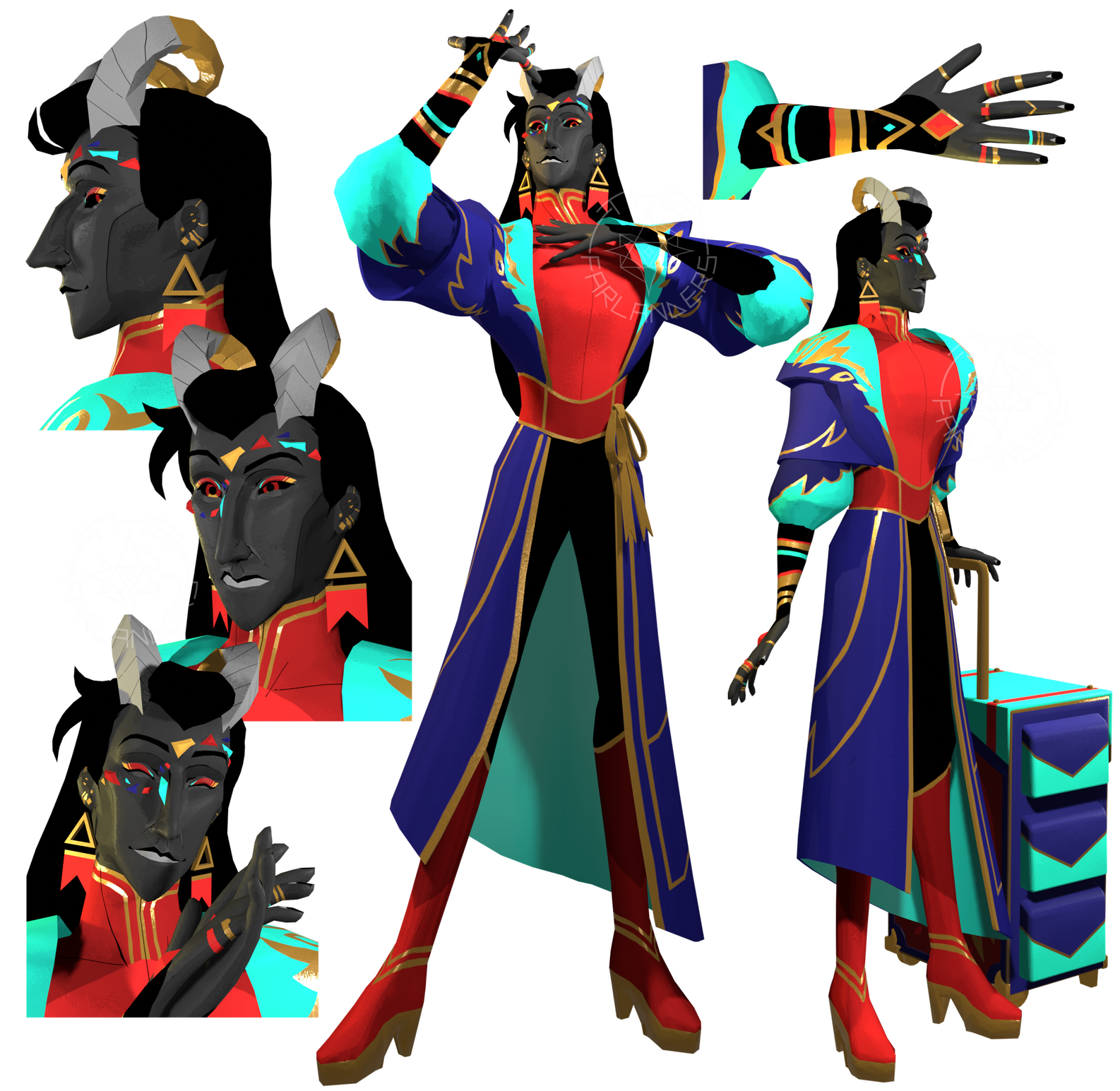 Image is of a handsome man with black hair and skin, wearing colorful clothes with gold accents. Clicking this image takes you to Kalon's page.