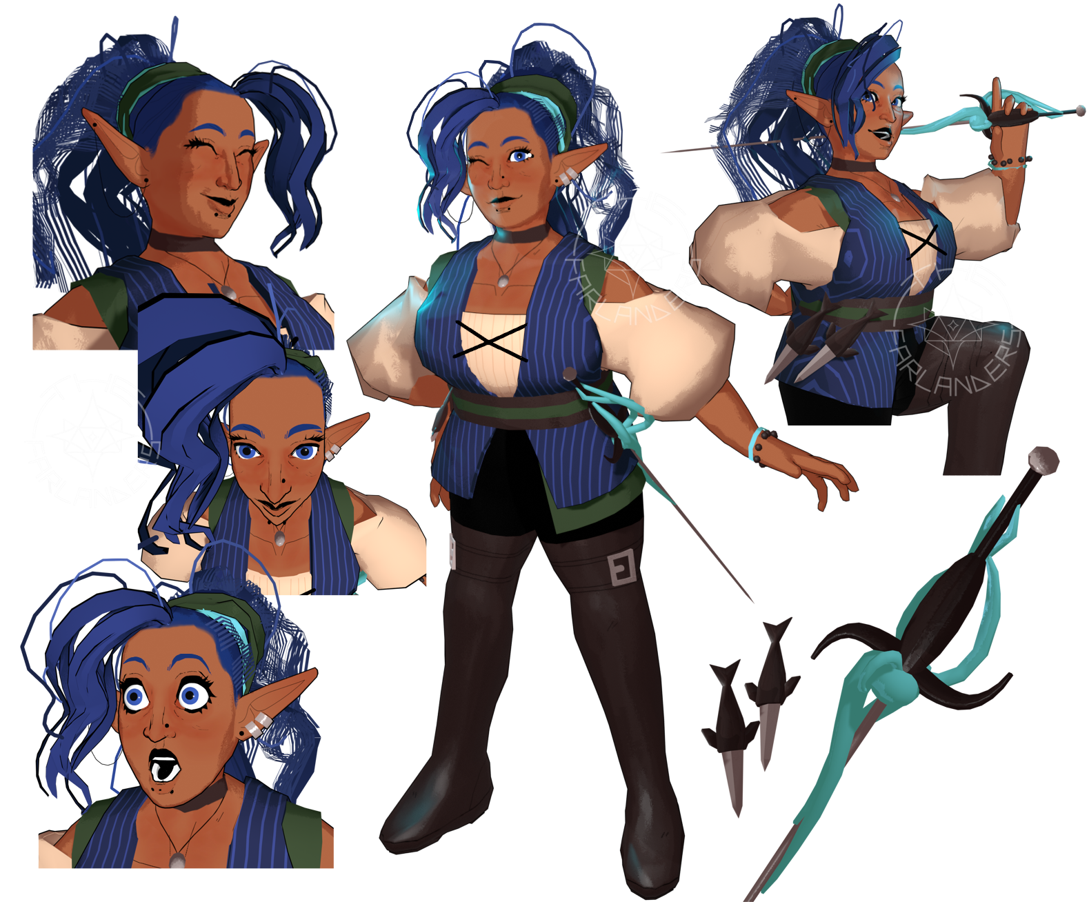 Image is of a short gnome girl with multi-textured dark blue hair. She is doing a silly little jump over the back of a seat. Clicking this image takes you to Wren's page.