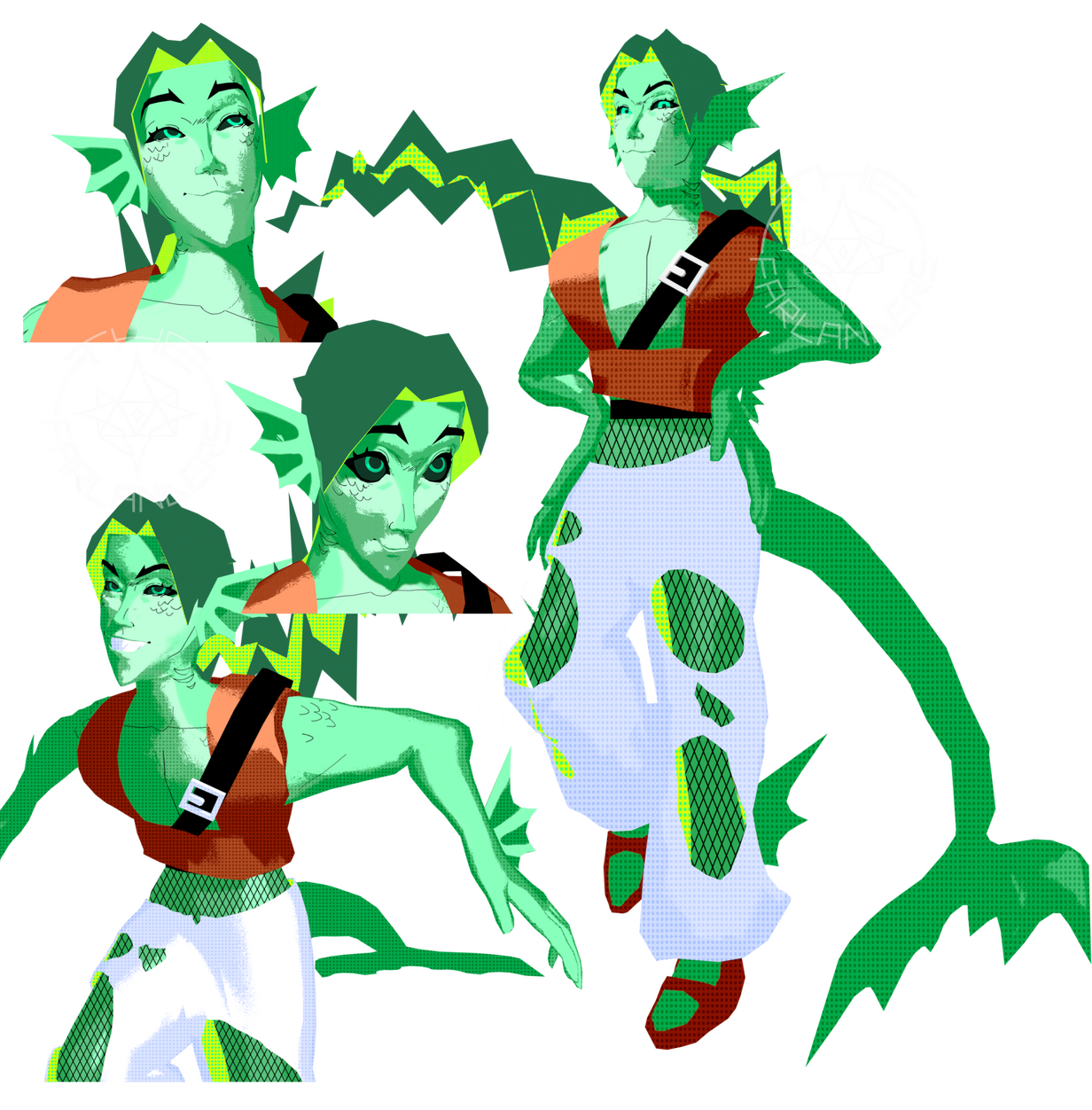 Image is of a short gnome girl with multi-textured dark blue hair. She is doing a silly little jump over the back of a seat. Clicking this image takes you to Wren's page.