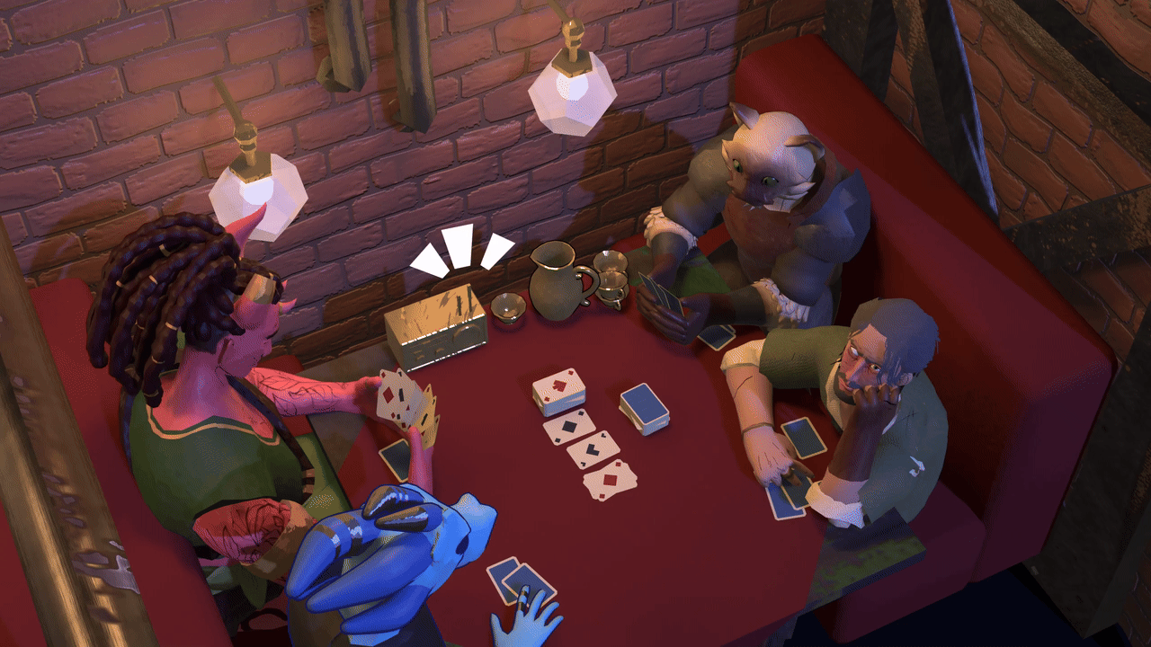 Gif of Una at a table with some strangers playing a card game